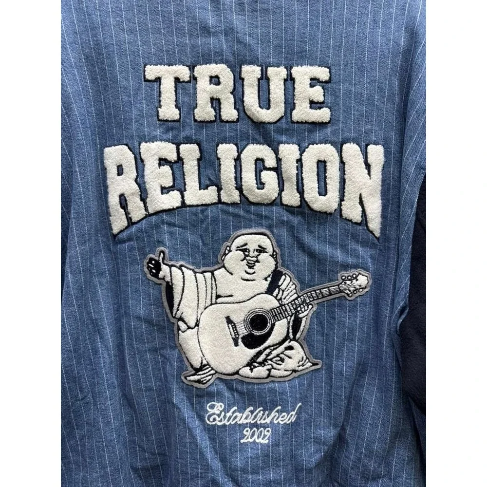 True Religion Jacket Varsity Pinstripe Full Snap Bomber Dress Blue Mens Size XXL